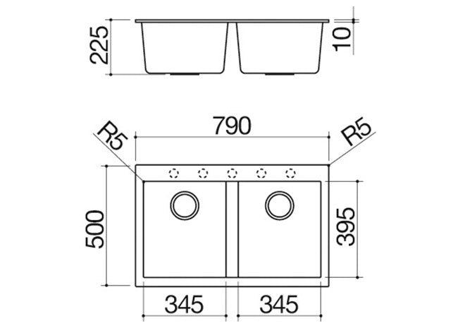 BUILT IN SINK BUILT-IN 2-BOWL 79X50CM
