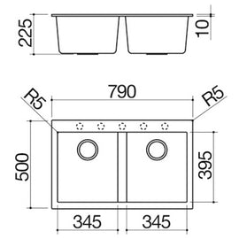 BUILT IN SINK BUILT-IN 2-BOWL 79X50CM