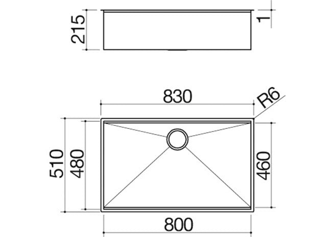 SQUARE BOWL R.0 WITH LOWERING FLUSH BUILT-IN 80X46CM INOX