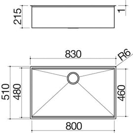 SQUARE BOWL R.0 WITH LOWERING FLUSH BUILT-IN 80X46CM INOX